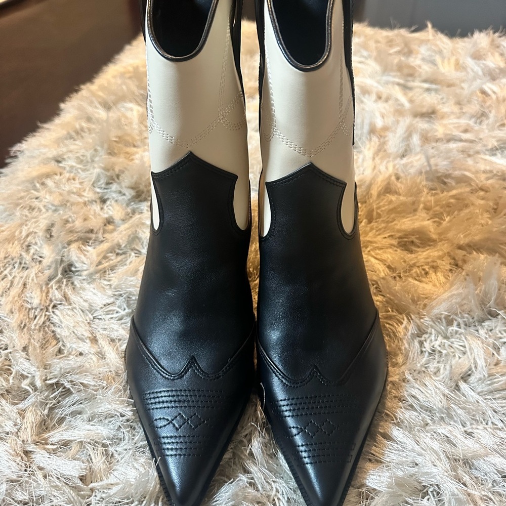 Sam Edelman Black and White Pointed-Toe Western Ankle Boots - Picture 2 of 5
